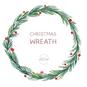 Watercolor Christmas Wreath Clipart – 1 Hand-Painted Winter Holiday PNG for DIY Cards, Decor, Crafts, Free Commercial Use