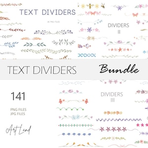 May include: A bundle of 141 floral and geometric text dividers. The dividers are in various colours, including pink, blue, green, and yellow. The text "TEXT DIVIDERS" and "Art Land" are included in the image.