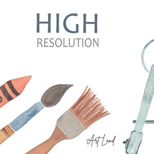 May include: A watercolor illustration of art supplies, including a red crayon, a paintbrush with brown bristles, a paintbrush with gray bristles, and a compass. The text "HIGH RESOLUTION" is written in gray above the supplies. The text "Art Land" is written in cursive at the bottom of the image.