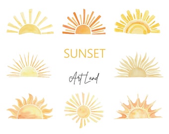Clipart tramonto acquerello, tramonto digitale acquerello dipinto a mano, tramonto disegnato a mano, estate, bestseller, clipart acquerello, PNG