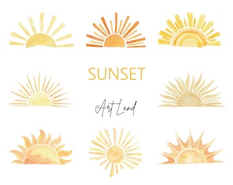 Clipart tramonto acquerello, tramonto digitale acquerello dipinto a mano, tramonto disegnato a mano, estate, bestseller, clipart acquerello, PNG