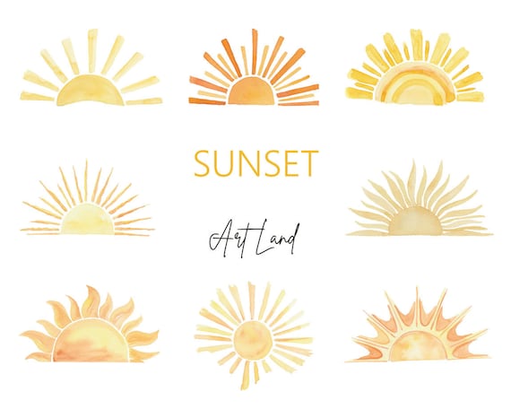 Watercolor Sunset Clipart: 9 Hand-Painted Sun Graphics (PNG, Digital Download, Free Commercial Use)