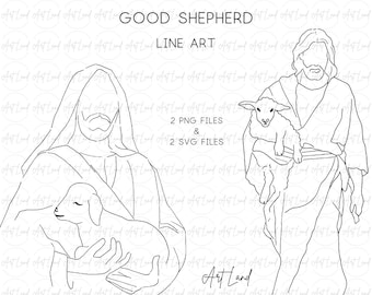 May include: Line art illustration of the Good Shepherd carrying a lamb. The image is in black and white and features two figures, one of a man and one of a lamb.