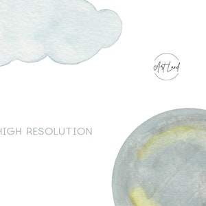 May include: A watercolor painting of a blue cloud and a blue and yellow moon. The text "HIGH RESOLUTION" is written below the cloud.
