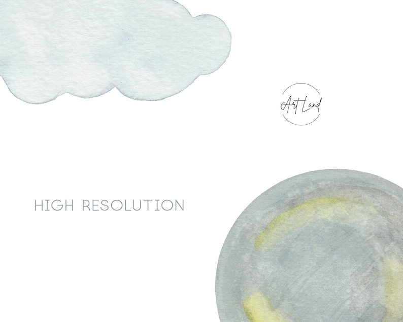 May include: A watercolor painting of a blue cloud and a blue and yellow moon. The text "HIGH RESOLUTION" is written below the cloud.