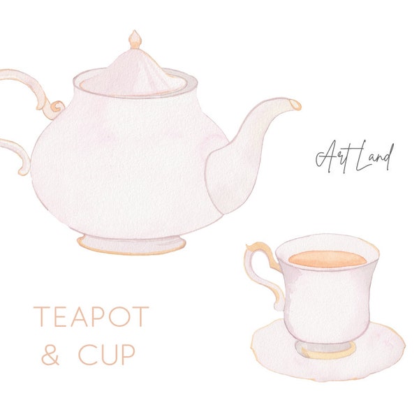 Watercolor Teapot and Teacup Clipart, Watercolor Tea pot Clip Art, Watercolour Clip Art Digital Download Free Commercial Use, PNG