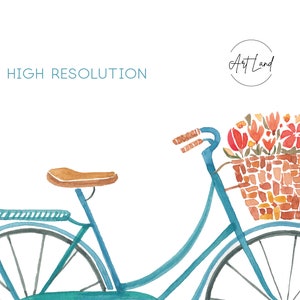 May include: A blue bicycle with a brown wicker basket filled with red and orange flowers. The bicycle has a brown leather seat and a brown handlebar. The words "Art Land" are written in a circle on the white background.