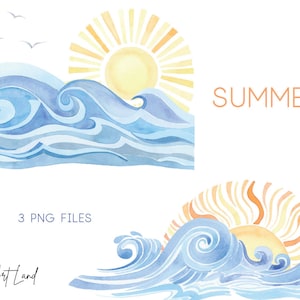 Akwarela Lato Clipart – 3 Ręcznie Malowane Fale i Kompozycje Słońca PNG do Projektów DIY Ocean Beach, Natychmiastowe Pobieranie, Użytek Komercyjny