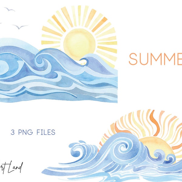 Watercolor Summer clipart, hand painted watercolour digital waves and sun compositions, ocean illustration, summer beach clip art, PNG