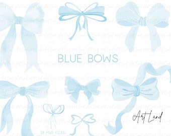 Watercolor Blue Bows Clipart – Hand Painted Ribbon Bows, PNG, Digital Download