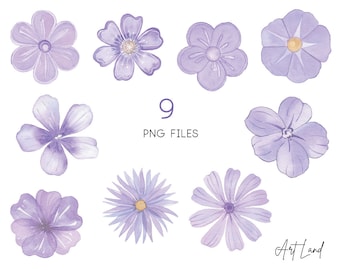 Watercolor Purple Flower Clipart: 9 Hand-Painted Floral Elements (PNG, Digital Download, Free Commercial Use, No-AI)