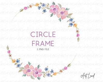 Watercolor Floral Circle Frame Cliaprt: Hand-Painted Wreath (PNG, Digital Download, Free Commercial Use)