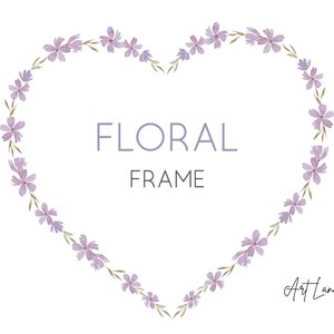Marco de corazón con flor morada en acuarela: elemento pintado a mano (PNG, descarga digital, uso comercial gratuito)