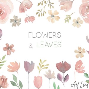 Watercolor Pale Flowers & Leaves Clipart – 45 Hand-Painted Lilac and Pastel PNGs for DIY Crafts, Invitations, Free Commercial Use