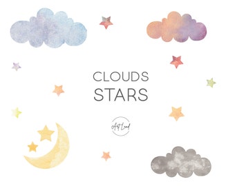 Cloud Star Moon Watercolor Clip Art Set Hand Painted Clouds | Etsy