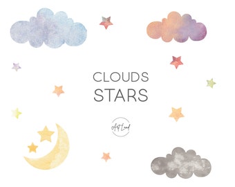 Clipart de Nube, Estrella y Luna en Acuarela: 26 PNG pintados a mano para manualidades, decoración infantil, arte del cielo nocturno, uso comercial gratuito