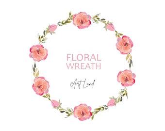 May include: Watercolor floral wreath with pink roses, buds, and green leaves. The words "FLORAL WREATH" are in pink, with "Art Land" in a script font below. The design is on a white background.