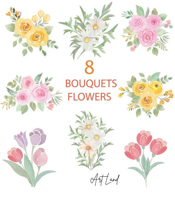 Watercolor Flower Bouquet Clipart: 8 Hand-Painted Roses, Tulips (PNG, Digital Download, Free Commercial Use)