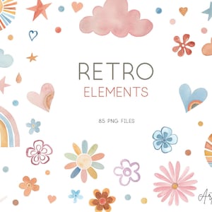 May include: A set of 85 watercolor illustrations in a retro style. The illustrations include hearts, stars, clouds, rainbows, flowers, suns, and raindrops. The illustrations are in various colors, including pink, blue, yellow, orange, and green. The text "Retro Elements" is written in the center of the image.