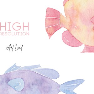 May include: Two watercolor fish, one pink and yellow, the other purple and blue, on a white background. The text "HIGH RESOLUTION Art Land" is in the upper left corner.