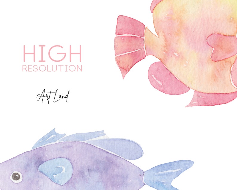 May include: Two watercolor fish, one pink and yellow, the other purple and blue, on a white background. The text "HIGH RESOLUTION Art Land" is in the upper left corner.