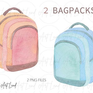 Clipart aquarelle de sacs à dos rouge et bleu – 2 PNG de cartable peints à la main pour la rentrée des classes, créations artisanales, usage commercial gratuit