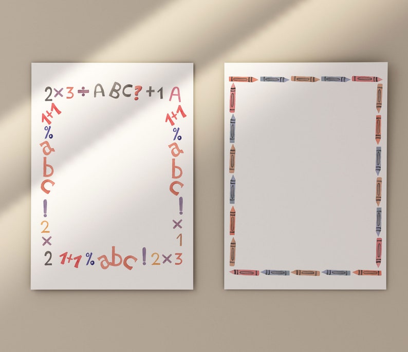May include: Two printable worksheets with a white background. The first worksheet has a border of colorful letters and numbers. The second worksheet has a border of colorful crayons. Both worksheets have a blank space in the center for writing.