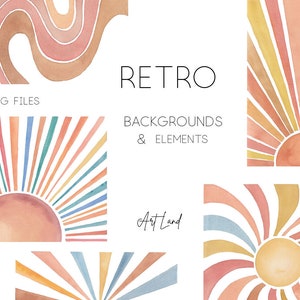 Watercolor Retro Backgrouns Clip Art, Hand Painted Retro Elements Watercolour,Designs for DIY Crafts, Decor & Backgrounds,Retro Party PNG