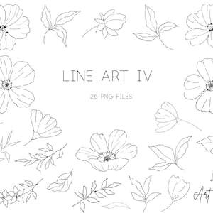 Line Art Blumen Clipart: 26 handgezeichnete Elemente (SVG, PNG, digitaler Download, kostenlose kommerzielle Nutzung)