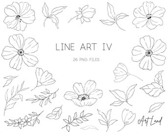 Clipart de flores em linha: 26 elementos desenhados à mão (SVG, PNG, download digital, uso comercial gratuito)