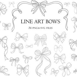 Puede incluir: Ilustración en blanco y negro de varios lazos dibujados a mano. La imagen presenta numerosos lazos con diferentes formas y diseños de cintas. El texto dice "LINE ART BOWS" y "34 PNG & SVG FILES". La firma del artista "ArtLand" es visible en la esquina inferior derecha.