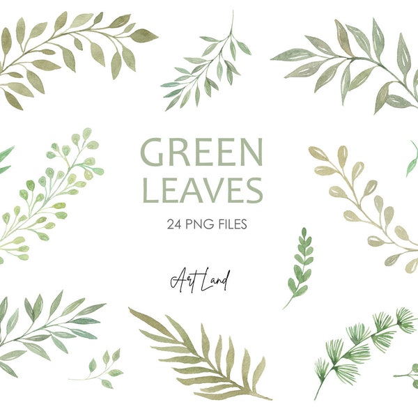 Watercolor Clipart Greenery Leaves Branches Foliage Green, Watercolour Clip Art Digital Download Free Commercial Use PNG, Watercolor Leaves