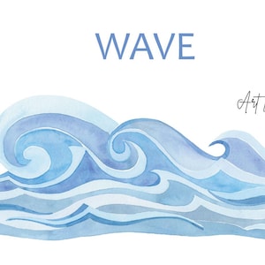 Könnte beinhalten: Aquarellmalerei einer blauen Welle mit dem Wort "WAVE" in blauer Schrift darüber und dem Text "Art Land" in schwarzer Kursivschrift oben rechts.