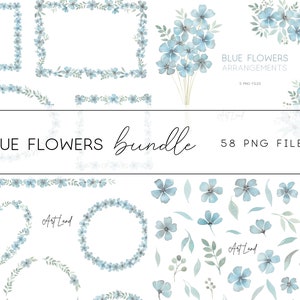 Watercolor Blue Flowers Clipart Bundle – 58 Hand-Painted PNGs with Frames & Borders for DIY Crafts, Invitations, Free Commercial Use