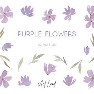 Watercolor Purple Flowers & Leaves Clipart – 20 Hand-Painted PNGs for DIY Crafts, Invitations, Floral Design, Free Commercial Use