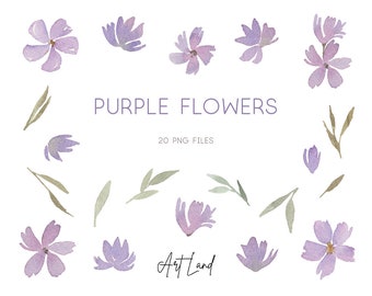 水彩画の紫色の花と葉のクリップアート – DIY クラフト、招待状、花のデザインに使える 20 種類の手描き PNG 画像、商用無料