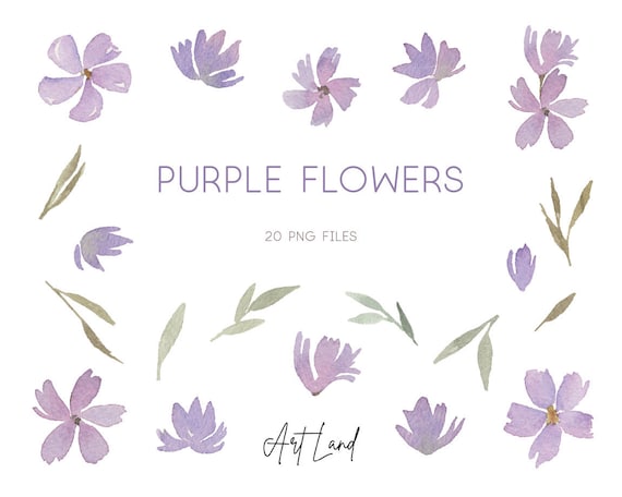 Watercolor Purple Flowers & Leaves Clipart – 20 Hand-Painted PNGs for DIY Crafts, Invitations, Floral Design, Free Commercial Use