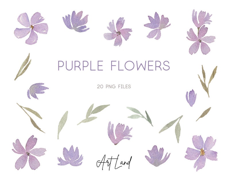 Watercolor Purple Flowers & Leaves Clipart – 20 Hand-Painted PNGs for DIY Crafts, Invitations, Floral Design, Free Commercial Use image 1