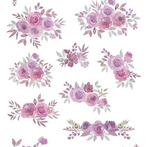 May include: A set of 13 watercolor floral illustrations featuring purple and pink roses, leaves, and stems. The illustrations are perfect for adding a touch of elegance to any project.