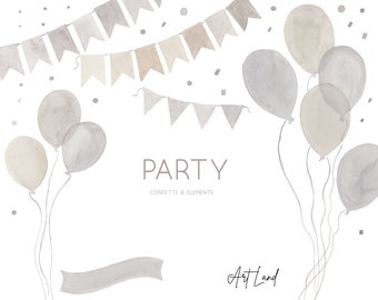 Watercolor Neutral Party Clipart, Hand Painted Watercolour Balloons, Hand Painted Watercolor,Party Clipart Set, Birthday Clipart,  PNG