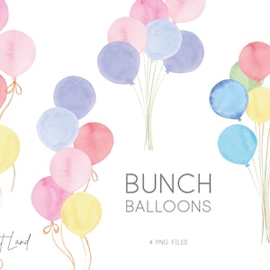 Puede incluir: Un conjunto de cuatro ilustraciones digitales de acuarela de globos de color pastel. Los globos están en varios tonos de rosa, azul, amarillo y verde. El texto "Bunch Balloons" está escrito en negro debajo de los globos.