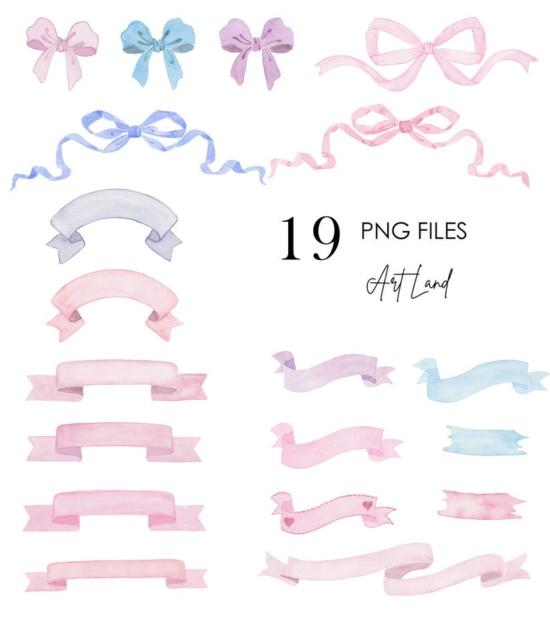 Peut inclure: Illustrations &agrave; l'aquarelle de n&oelig;uds et de rubans dans des tons roses, bleus et violets. L'image comprend divers mod&egrave;les de n&oelig;uds et de banni&egrave;res de rubans. Le texte sur l'image indique "19 PNG FILES" et "Art Land".