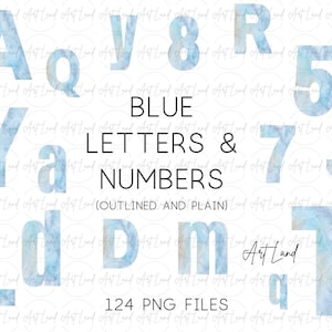 Blue Letters and Numbers Clipart, Outlined and Plain Alphabet, Hand Painted Watercolor Digital Font, DIY, Invitation, Cards, Baby Boy Shower