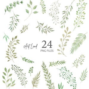 Watercolor Clipart Greenery Leaves Branches Foliage Green, Watercolour Clip Art Digital Download Free Commercial Use PNG, Watercolor Leaves image 2