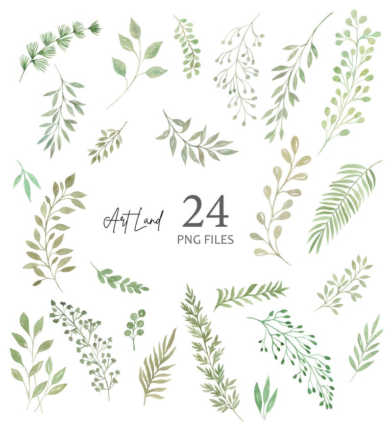 Watercolor Clipart Greenery Leaves Branches Foliage Green, Watercolour Clip Art Digital Download Free Commercial Use PNG, Watercolor Leaves image 2