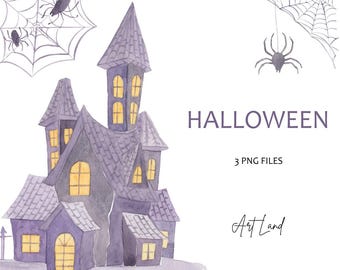 Clipart de casa embrujada en acuarela: Telaraña de Halloween pintada a mano (PNG, descarga digital, uso comercial gratuito)