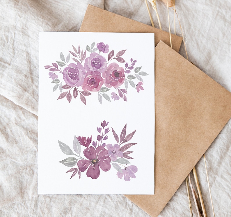 May include: Two watercolor floral illustrations on a white card. The top illustration features a bouquet of purple and gray roses with green leaves. The bottom illustration features a cluster of purple flowers with green leaves.
