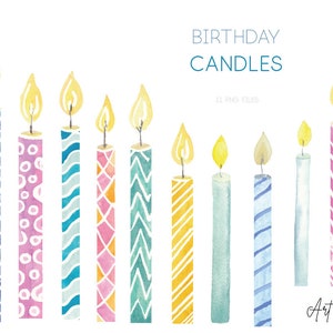 Watercolor Birthday Candles Clipart, Candle Watercolor Clip Art, Rainbow Candle, Clip Art, PNG