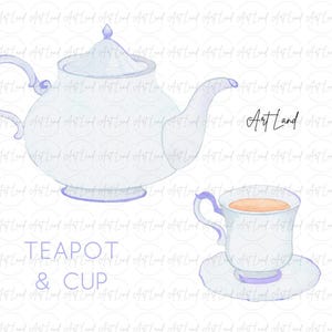 Puede incluir: Una ilustración de acuarela de una tetera y una taza azules. La tetera tiene un cuerpo redondeado y un pico. La taza tiene un asa y un platillo. El texto "TEAPOT & CUP" está escrito debajo de la imagen.