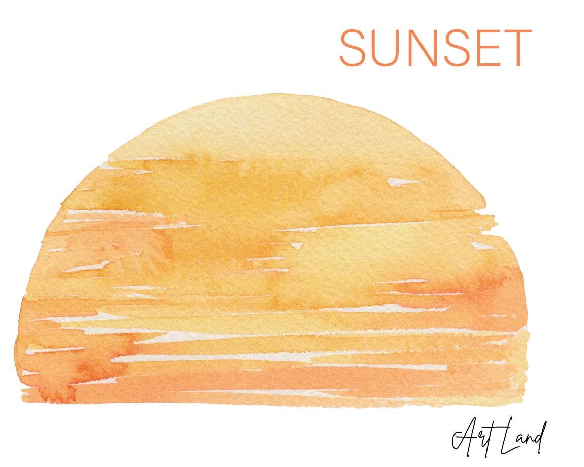 Watercolor Sunset clipart, Hand Painted Watercolour Digital Sun clip art, Retro Sunset, Summer,Watercolor Clip Art, PNG